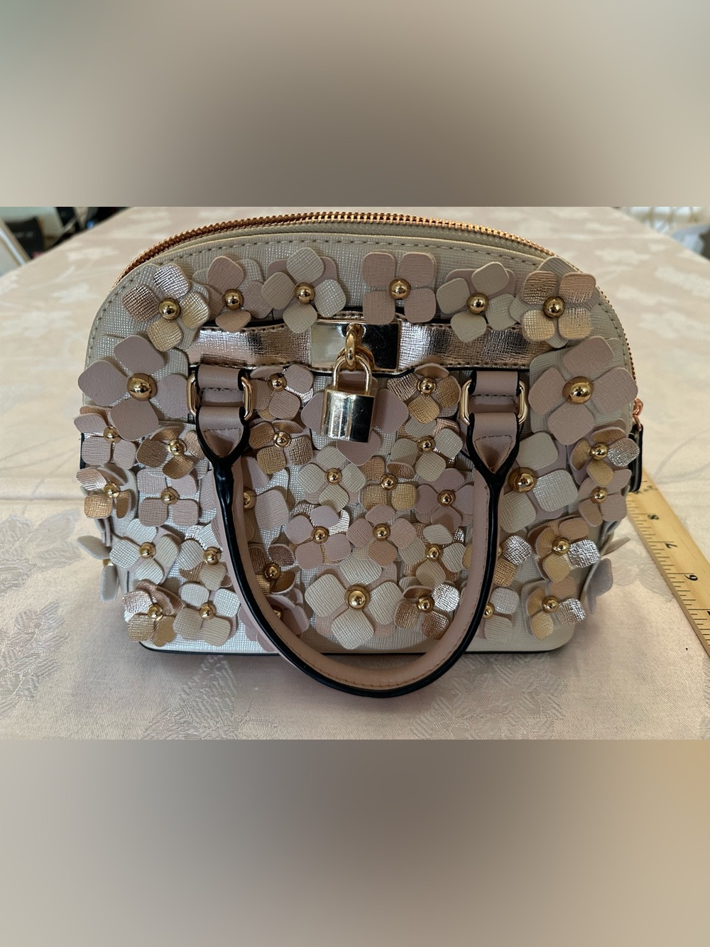 ALDO Champagne Gold 3D Floral Applique Mini Satchel Handbag Blush